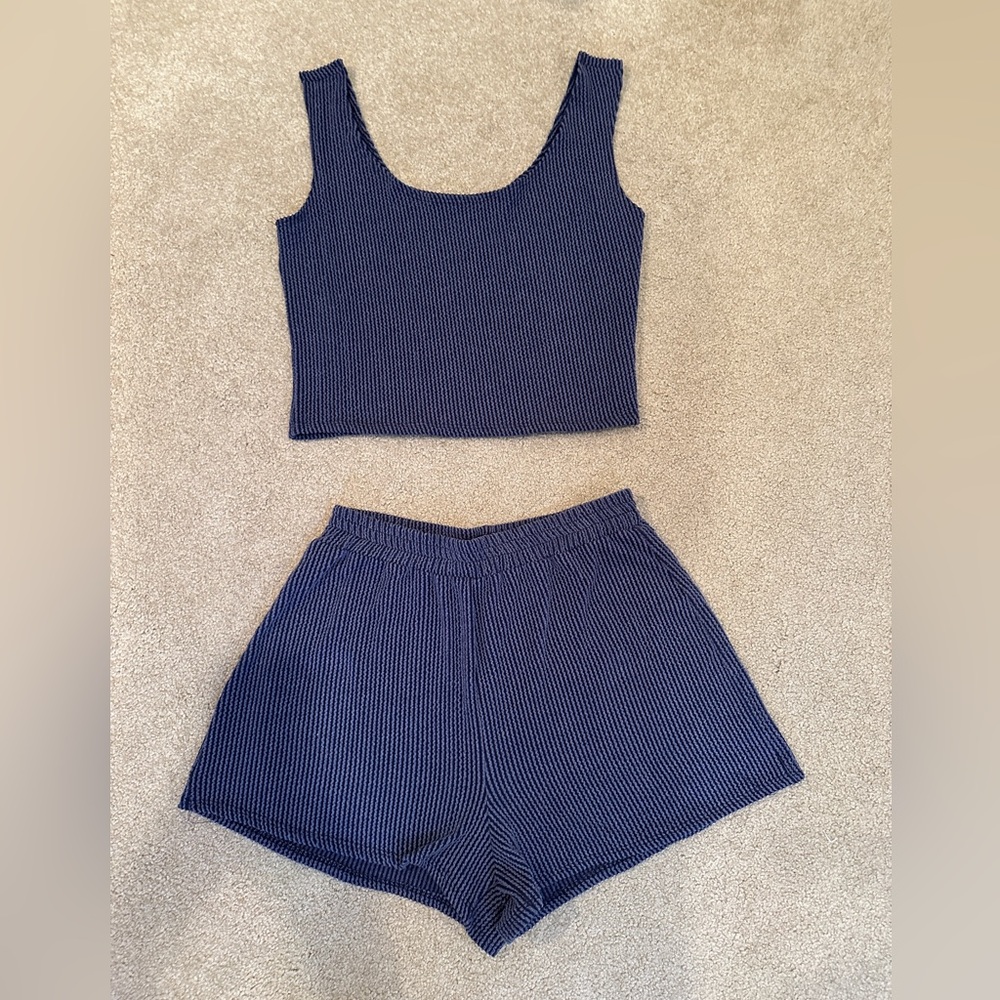 Navy Blue Crinkle Knit Tank and Shorts Set